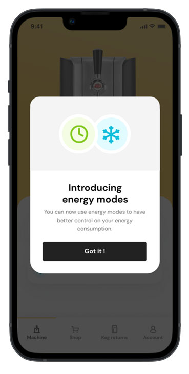 App Preview of Energy Saving Modes for PerfectDraft Pro Machine